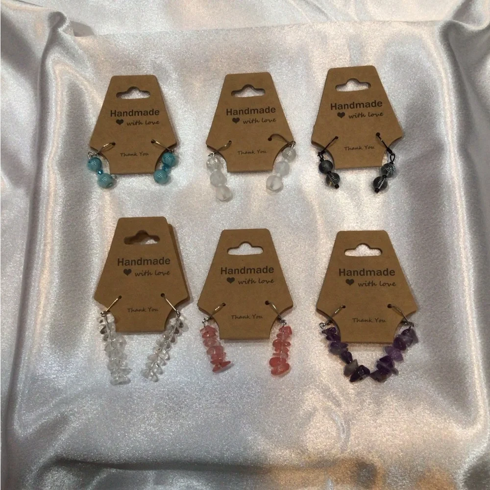 Six Handmade Gemstone Earrings Set in Pink, Purple, Black, Crystal, & Turquoise. - Picture 1 of 15